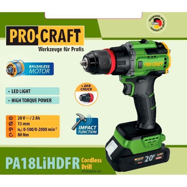 Шуруповерт Procraft PA18LiH DFR з ударом (80 Нм, 1 АКБ та ЗП, Кейс) 3607218 фото