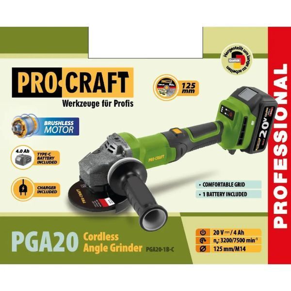 Аккумуляторная болгарка Procraft PGA20 (1 АКБ 20/4 Type-C, зар. усл. слайдерного типа) кейс 1615294 фото