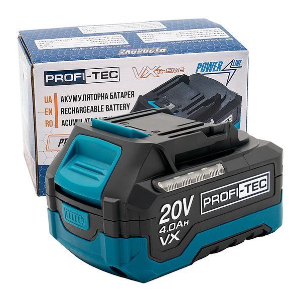 Акумуляторна батарея PROFI-TEC PT2040VX POWERLine (20 В / 4.0 Аг, високострумова, з індикатором) 7804689 фото