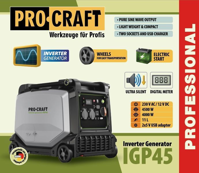 Інверторний бензиновий генератор Procraft IGP45 (4.5 кВт, мідна обмотка, електростартер) 6688857 фото