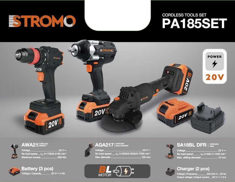 Набор акк. инструмента STROMO PA185 SET (Болгарка, Гайковерт, Шуруповерт) 3 шт АКБ 20/4 + 2 шт зар. устр. 20/2, кейс 3049616 фото
