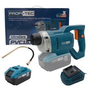 Акумуляторний вібратор для бетону PROFI-TEC PCV1535 &mdash; АКБ 8 А&middot;год, 20 В, Brushless, 6 швидкостей, армований шланг 35 мм &times; 1.5 м 7517807 фото