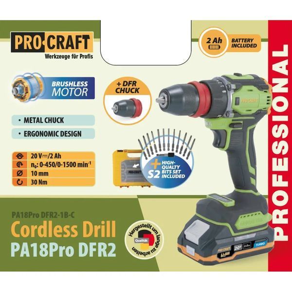 Шуруповерт Procraft PA18Pro DFR2 (с 1 АКБ 2Ач) набор бит, кейс 9394468 фото