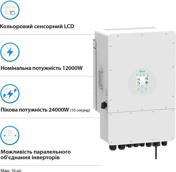 Гібридний інвертор DEYE SUN-12K 12 kW (SUN-12K-SG02LP1-EU-AM3) 6039432 фото