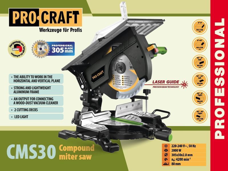 Комбінована торцювальна пила Procraft CMS30 &mdash; 2000 Вт, диск 305 мм, лазер та LED-підсвітка 7612049 фото