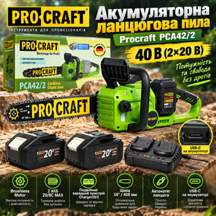 Аккумуляторная цепная пила Procraft PCA42/2 + 2 АКБ 20/8C MAX + ЗУ Charger20/2 4669334 фото