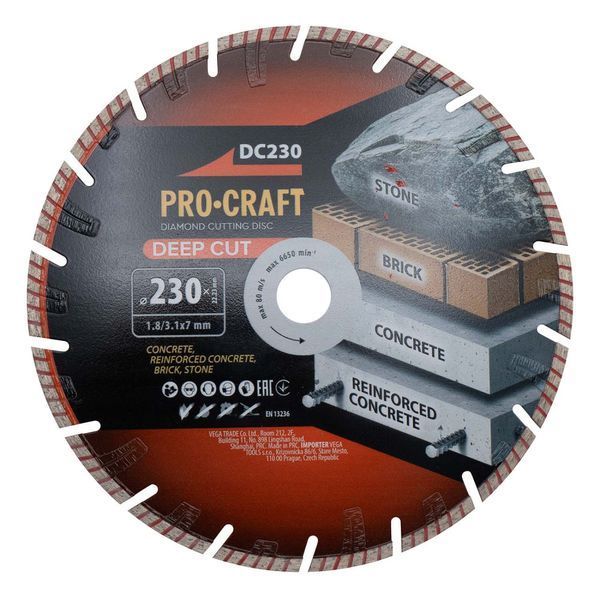 Алмазний диск Procraft DC230 &mdash; 230 мм, DEEP CUT, для сухого та мокрого різання 2565435 фото
