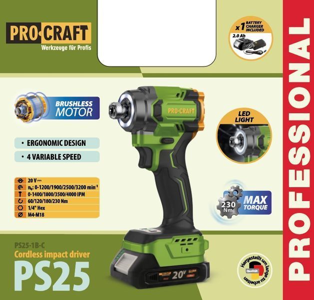 Акумуляторний гвинтоверт Procraft PS25 230 Нм (1 АКБ та зар. прист.) Кейс 4603467 фото